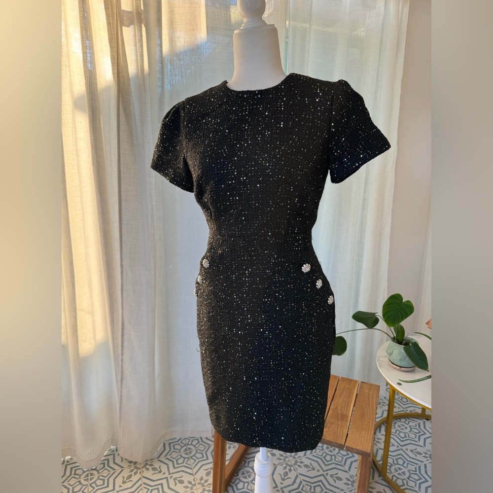 Ann Taylor Sparkle Sequin Tweed Sheath Dress Black Size 0 — Button Trim